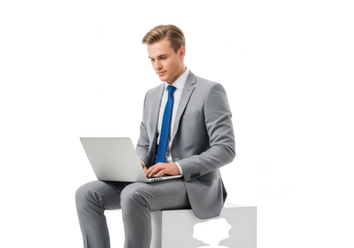 Man in suit using laptop while sitting on white cube against black backdrop