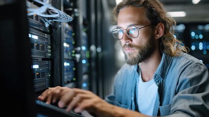 Focused professional works on digital technology in a modern data center during daytime, troubleshooting network issues and engaged in internet business activities - Powered by Adobe