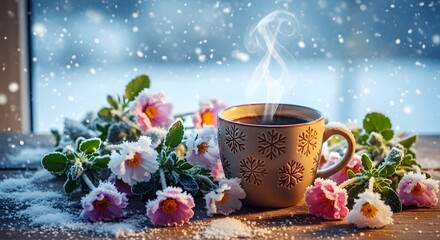 Fototapeta premium Cozy winter scene with hot drink flowers and snowfall outside window