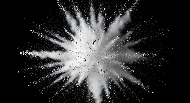Monochromatic powder explosion abstract burst of white dust on black background