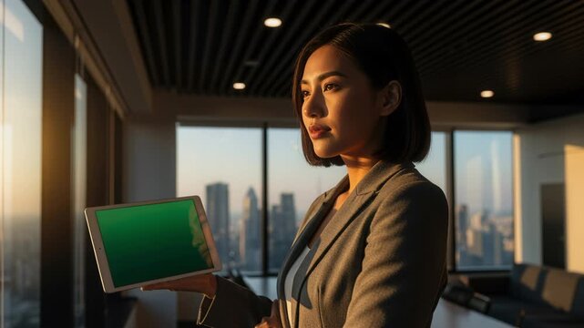 A confident businesswoman modern office sunset light with city skyline, using digital tablet green screen corporate professional leadership strategy, technology success, meeting room glas window ur