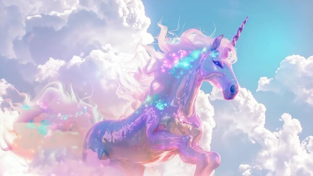 of a majestic unicorn with flowing mane and tail set against a backdrop of colorful clouds and rainbow glow.