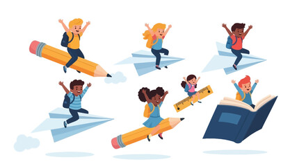 Back to School: Children Flying on School Supplies for an Educational Adventure Concept