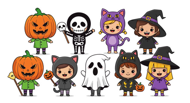 Halloween kids costume party vector illustration featuring adorable children in cute costumes - Powered by Adobe
