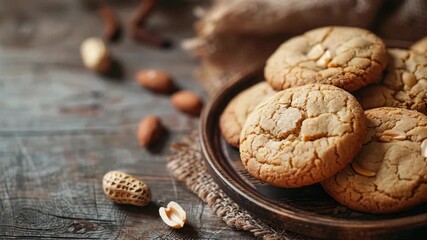 Freshly baked cookies on plate with whole and cracked peanuts around - Powered by Adobe