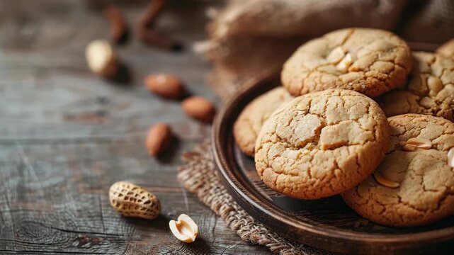 Freshly baked cookies on plate with whole and cracked peanuts around