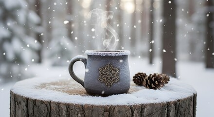 Cozy winter scene steaming mug on snowy stump in forest