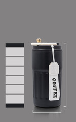 Graduated thermos. Long-lasting heat, thermos structure, vacuum-sealed container, temperature-retaining beverages, insulated element, travel stainless-steel empty package template. Black background.