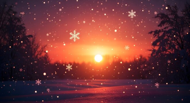 Winter sunset over snowy forest with falling snowflakes and warm light - Powered by Adobe