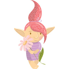 Whimsical Pink Haired Fairy Girl Holding a Delicate Pink Daisy Flower Against a Transparent Background