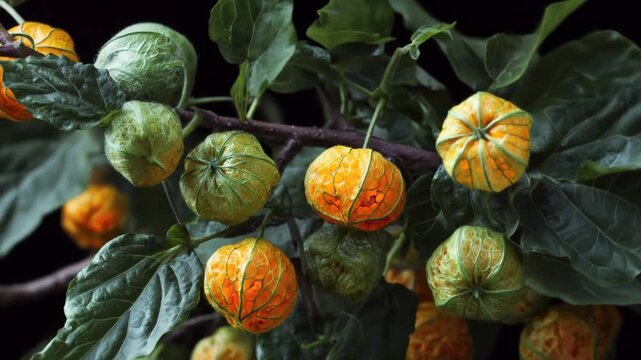 Close up of physalis fruit on a branch with green and orange hues