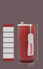 Graduated thermos. Long-lasting heat, thermos structure, vacuum-sealed container, temperature-retaining beverages, insulated element, travel stainless-steel empty package template. Red background.