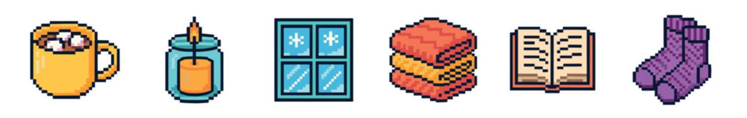 Collection of pixel art game assets featuring cozy winter items like a hot chocolate mug, thermos, snowy window, pastry, open book, and knitted scarf in a retro 8-bit style