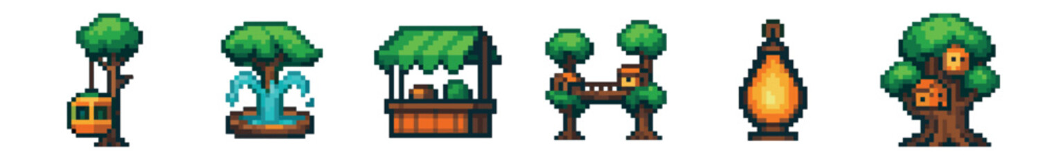 Pixel art set of fantasy game objects including a treehouse, fountain, market stall, lantern, bridge, and gondola for a retro video game design or digital project