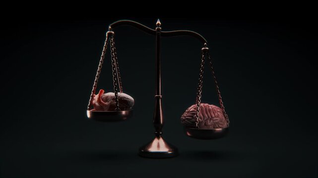 Cinematic 4K loop of a vintage scale with a beating human heart on one side and a brain on the other, symbolizing the conflict between emotion, logic, intuition, and rational decision making.