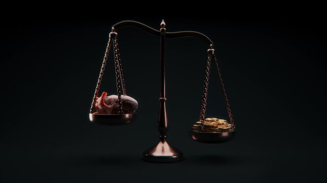 Cinematic 4K loop of a vintage balance scale with a beating human heart on one side and stacks of gold coins on the other, representing emotional value, love versus money, and human priorities.