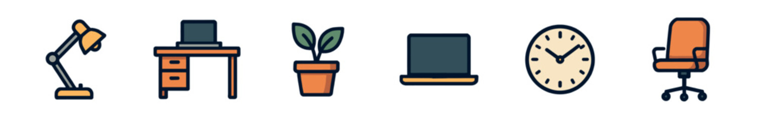 Colorful set of office furniture icons with a desk, chair, lamp, laptop, clock, and plant, designed in a simple flat line art style for modern business concepts