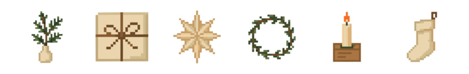 Set of pixel art Christmas icons featuring a gift, stocking, candle, wreath, ornament, and pine branch for a festive, retro video game style holiday celebration