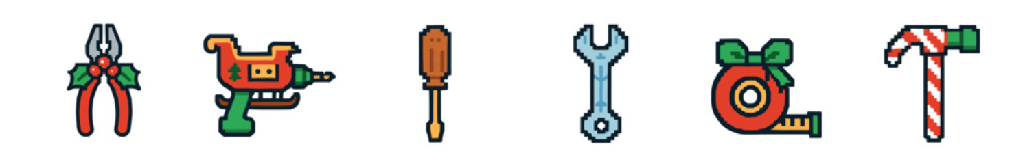 Collection of pixel art Christmas-themed hand tools including a hammer, wrench, and pliers decorated for the holidays in a festive, retro 8-bit video game style
