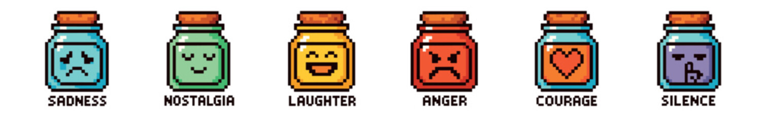 Set of colorful pixel art bottles containing different emotions like sadness, nostalgia, laughter, and anger, designed in a retro 8-bit video game style with expressive labels