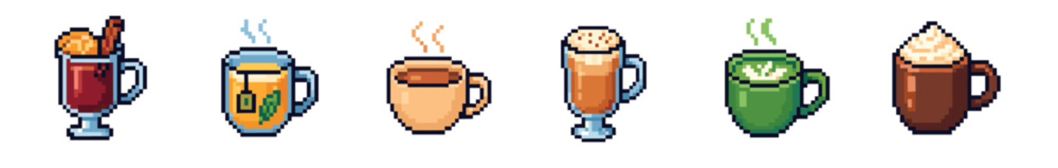 Set of pixel art hot drinks including coffee, tea, matcha, mulled wine, and hot chocolate in various mugs and glasses, illustrated in a retro 8-bit video game style