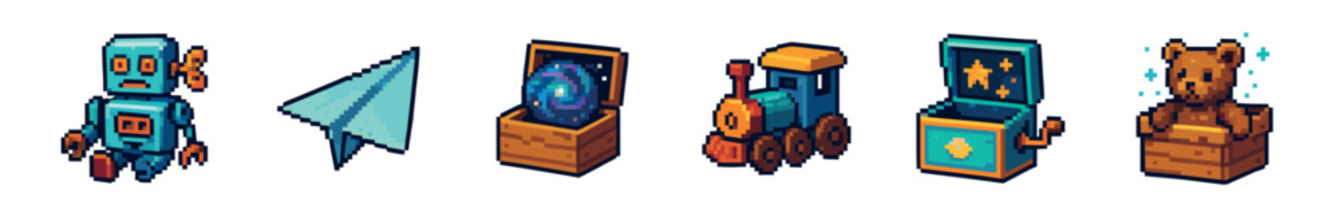 Set of six retro pixel art toy icons with a wind-up robot, steam train, and music box, illustrated in a colorful isometric 8-bit video game aesthetic for digital assets