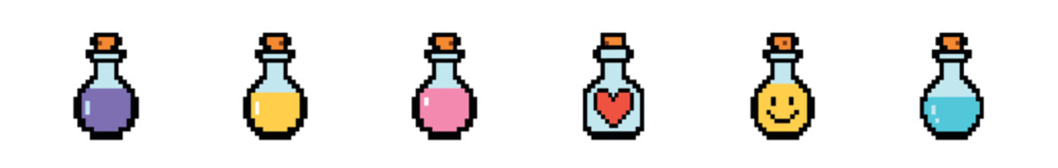 Pixel art set of six magic potions in glass bottles with cork stoppers, including love, happiness, and colorful elixirs for a retro 8-bit video game or fantasy design