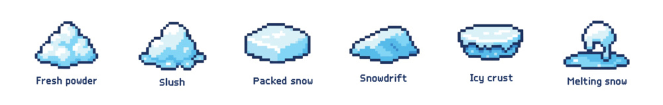 Set of six pixel art snow icons showing different types of winter precipitation like fresh powder, slush, and melting snow in a retro 8-bit video game style