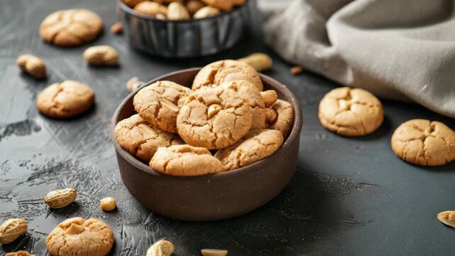 Bowl of cookies with peanuts on dark textured surface