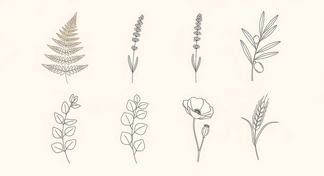 Elegant Botanical Line Art Fern with Lavender, Olive, Eucalyptus, Poppy, and and Wheat on Beige.