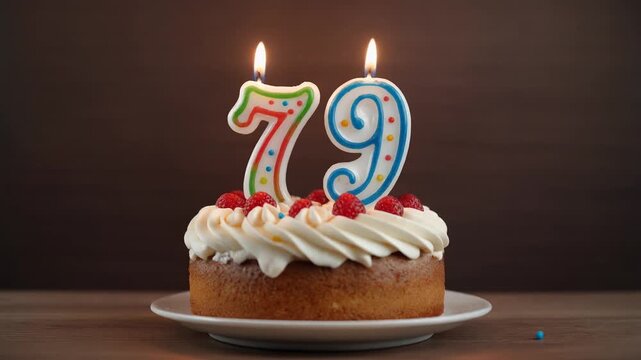 Decorated cake with candle in number 79. Video for birthday or anniversary party and celebration