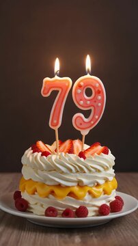 Decorated cake with candle in number 79. Video for birthday or anniversary party and celebration
