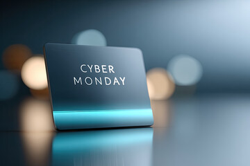 Cyber Monday promotional display on a sleek surface with trendy midnight blue background