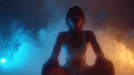 Dynamic female jump squats in holographic training studio for an effective fat-burning fitness workout to boost health