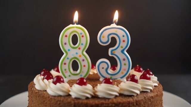 Decorated cake with candle in number 83. Video for birthday or anniversary party and celebration