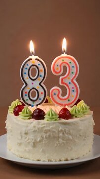 Decorated cake with candle in number 83. Video for birthday or anniversary party and celebration