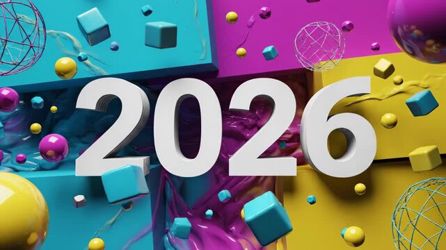 Numbers 2026 changing texture with floating cubes and spheres on colorful background, new year celebration concept, footage.