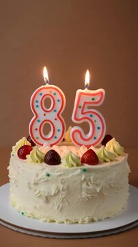 Decorated cake with candle in number 85. Video for birthday or anniversary party and celebration