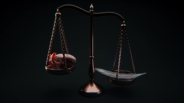 Cinematic 4K loop of a vintage balance scale swinging with a beating human heart on one side and a white feather on the other, referencing purity, morality, innocence, and the symbolic weighing of the