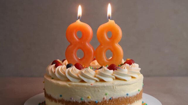 Decorated cake with candle in number 88. Video for birthday or anniversary party and celebration