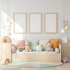 Cute Nursery with Mockup Frames, Pillows and Toys for Decoration