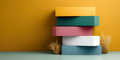 Colorful stacked boxes with trendy mustard yellow background and decorative plants for modern decor