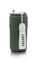 A green reusable bottle for water isolated on white background. green colors vacuum flask. The temperature is  degrees Celsius. Series part.