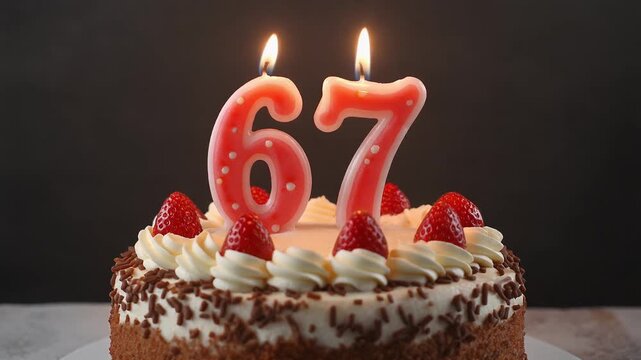 Decorated cake with candle in number 67. Video for birthday or anniversary party and celebration