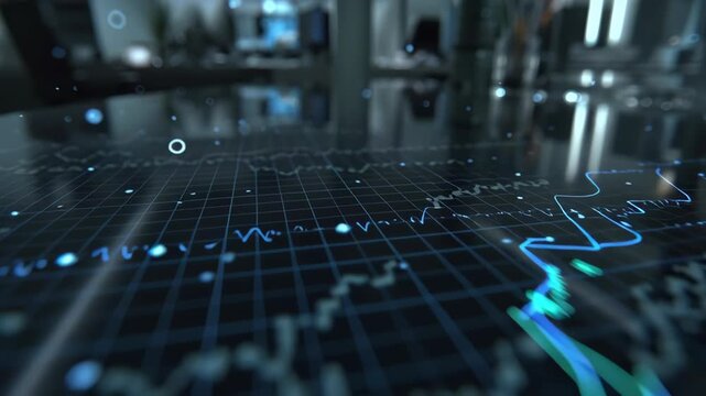 A close-up view of a futuristic digital display showing intricate financial data charts and graphs on a grid, representing business analytics and technology. - Powered by Adobe