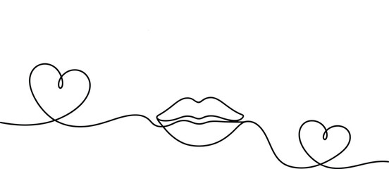 Lips and hearts continuous line art Vector