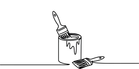 Paint can with brush continuous line art Vector