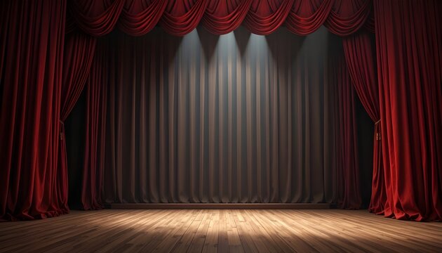 A Grandly Lit Theatrical Stage with Velvet Red Curtains and Dramatic Spotlights Casting a Warm Glow on the Wooden Floor, Evoking Anticipation for a Performance Behind the Closed Drapes