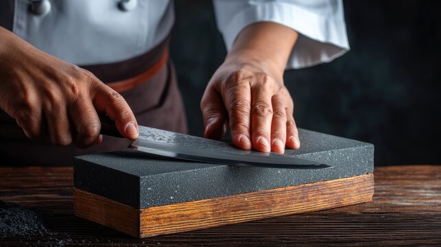 Chef Sharpening High-Quality Knife on Whetstone with Focus on Hands and Blade in Professional Kitchen Setting