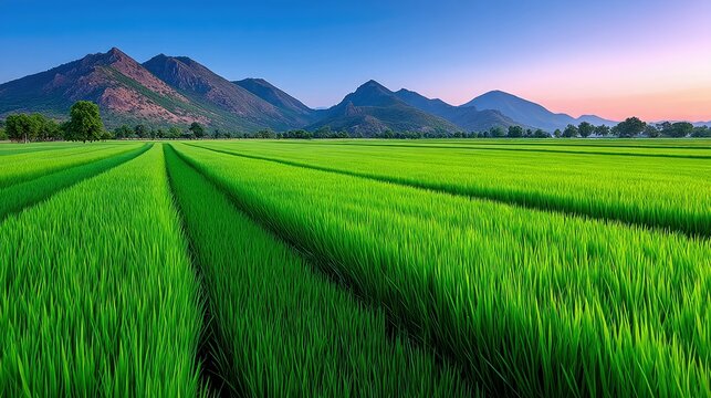 A panoramic view of lush green rice paddies with distinct rows, leading towards majestic mountains on the horizon. The sky displays a gradient of blue and soft - Powered by Adobe